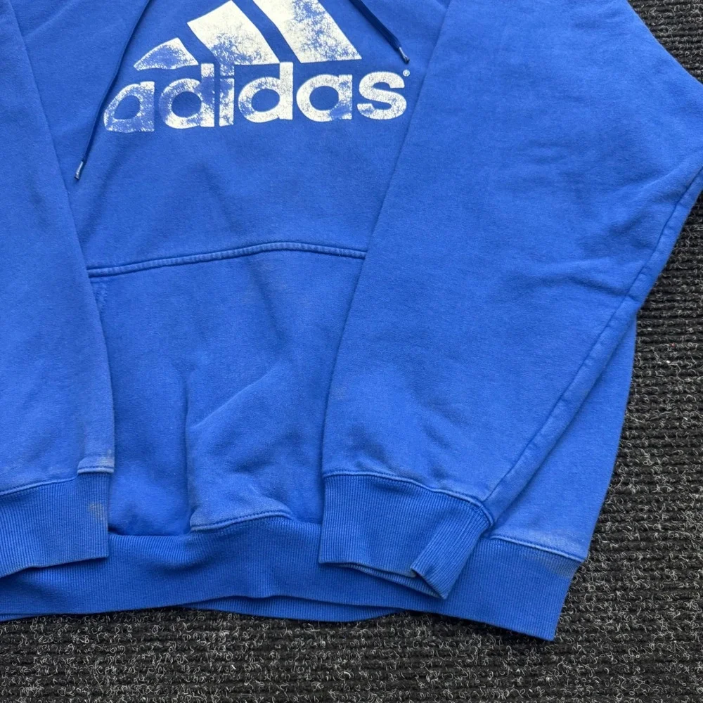 Adidas Hoodie Mens 2XL Blue Pullover Distressed Logo Fleece Sweatshirt RN119208
